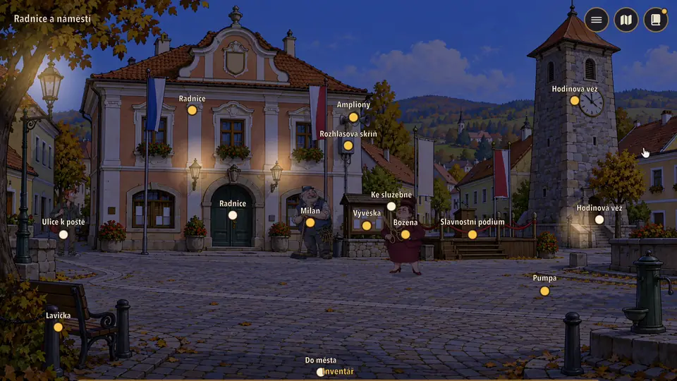 Náměstí s hodinovou věží v noci