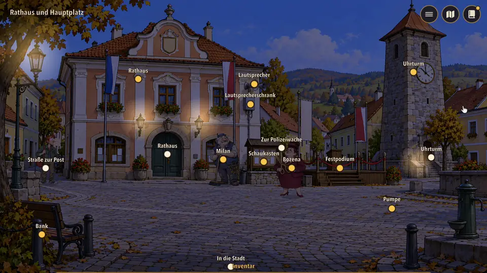 Der Platz mit dem Uhrturm bei Nacht